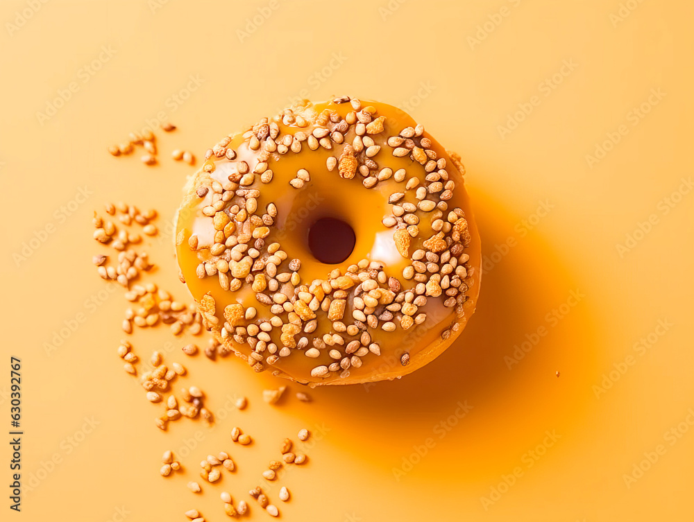 Donut with icing sugar on orange background. Donut with icing sugar on orange background.