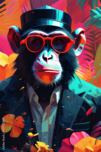Generative AI Illustration of a Colorful monkey drawing dressed in a mafia suit