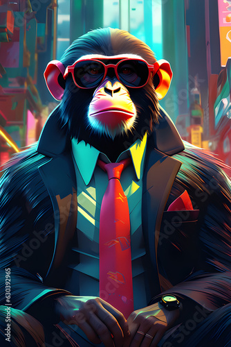 Generative AI Illustration of a Colorful monkey drawing dressed in a mafia suit