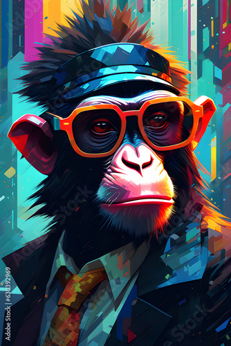 Generative AI Illustration of a Colorful monkey drawing dressed in a mafia suit