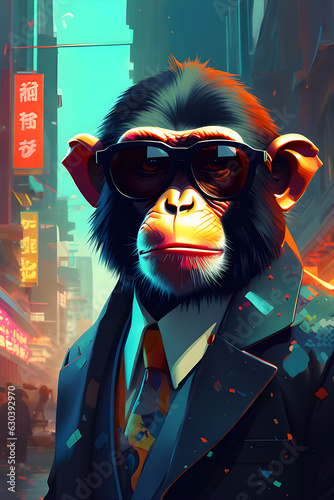 Generative AI Illustration of a Colorful monkey drawing dressed in a mafia suit
