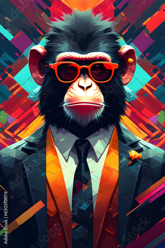Generative AI Illustration of a Colorful monkey drawing dressed in a mafia suit