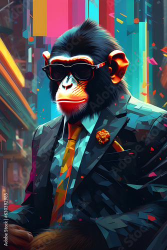 Generative AI Illustration of a Colorful monkey drawing dressed in a mafia suit