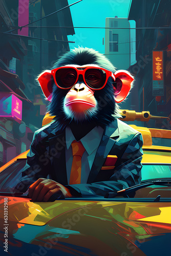 Generative AI Illustration of a Colorful monkey drawing dressed in a mafia suit