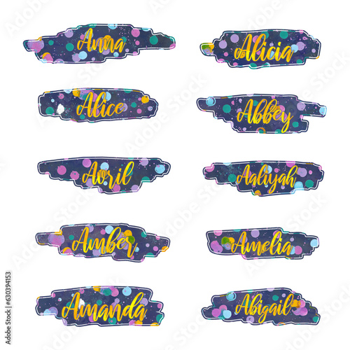 girl names that start with letter A, stickers, printable, labels with artsy background, isolated, extracted, png file photo