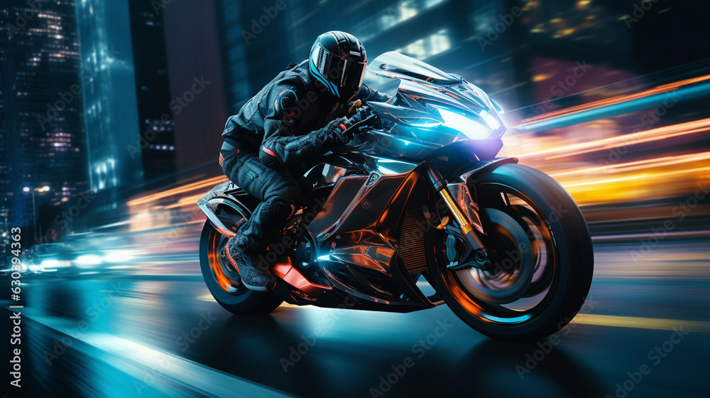 A fearless biker in a futuristic bodysuit, speeding through a neon-lit cityscape on their high-tech bike 