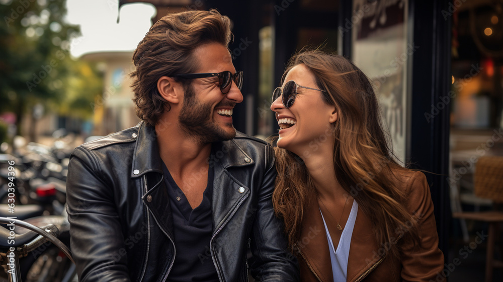 A fashionable biker couple dressed in leather jackets, enjoying a relaxing break at a charming roadside cafe 