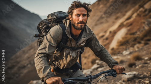 A rugged yet fashionable biker exploring a mountainous terrain with their adventure bike 