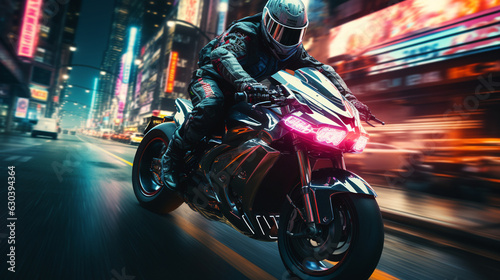 A fearless biker in a futuristic bodysuit, speeding through a neon-lit cityscape on their high-tech bike 