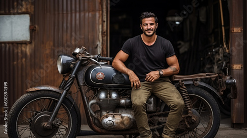 A cool biker posing with their vintage motorcycle against the backdrop of an old industrial warehouse 