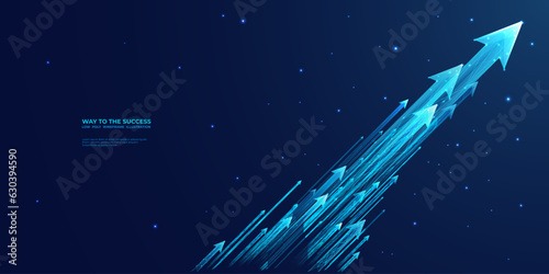 Up light arrow on technology blue background with copy space. Abstract digital business growth concept. Stream of glowing neon arrows. Concept of Internet flow. Low poly wireframe vector illustration.