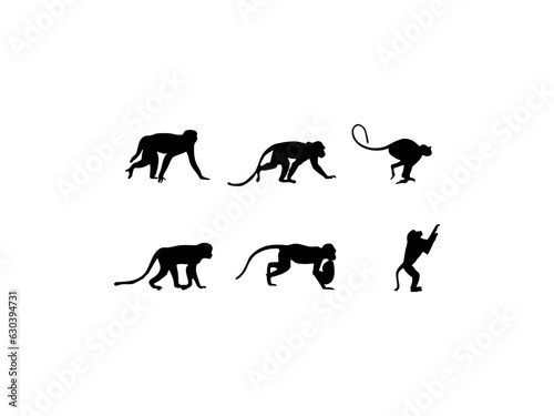 monkey silhouette icon vector set for logo. Monkey animal silhouette in various poses. Monkey black silhouette walking running swinging vector graphic illustration.