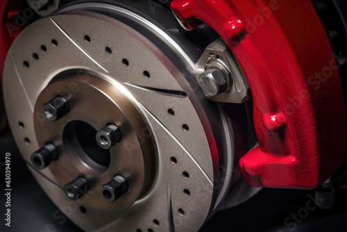Detailed macro shot of brake caliper with brake disc in the background