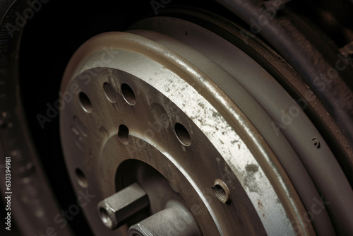 Detailed macro shot of brake drum with brake pads and drum lining in view