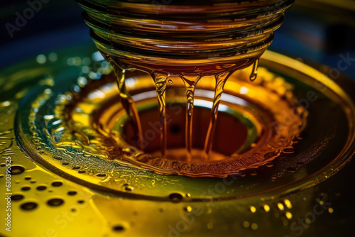 Close-up of hydraulic oil being pumped through a filter, revealing a vibrant array of colors and textures photo