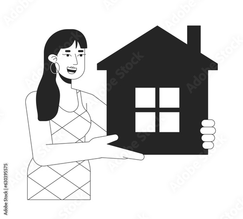 Cheerful woman holding apartment flat line black white vector character. Editable outline half body person with real estate building. Simple cartoon isolated spot illustration for web graphic design
