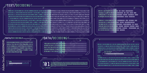 Data entry and text decoding on futuristic interface screen.