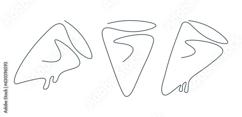 Drawing slice of pizza in one continuous line. Fast food in single line. Hot dinner minimalistic doodle illustration. Italian food. Logo for pizzeria. Seth on white background.