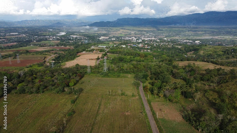 Aerial view of countryside fields and hills