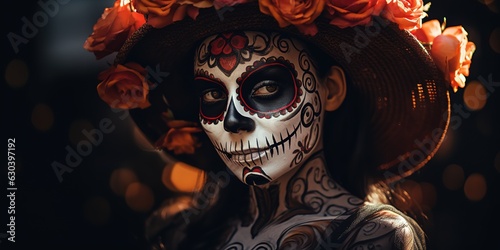 Halloween beauty portrait of death skeleton woman, makeup on her face.
