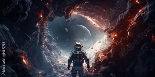 The astronaut opens new worlds in the panorama of galaxies, a fantastic portal to a distant universe.