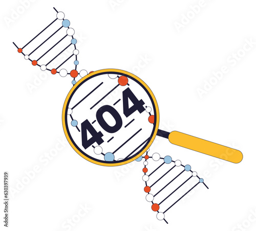 Analyzing genetic material through magnifying glass error 404 flash message. DNA helix. Empty state ui design. Page not found popup cartoon image. Vector flat illustration concept on white background