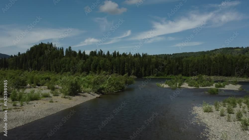 Aerial view of a river streaming through forest. Top view from drone, camera move toward. Forest, hills and river landscape Aerial view of a river streaming through forest. Top view from drone, camera move toward. Forest, hills and river landscape