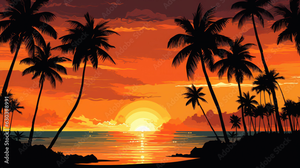 coconut trees silhouette sunset on the beach