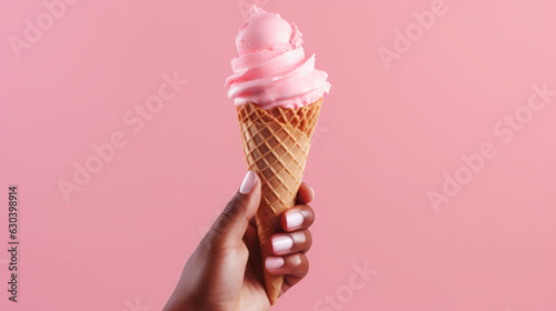 Hand-holding strawberry ice cream cone in pink faded pastel color