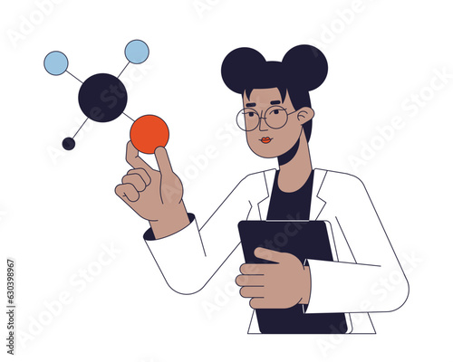 Female scientist studying molecules flat line concept vector spot illustration. Molecular biology 2D cartoon outline character on white for web UI design. Editable isolated color hero image