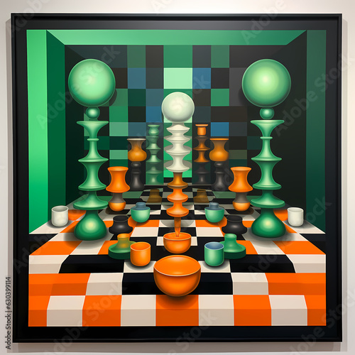 Geometric interpretation of symmetry in green, red and black tones.