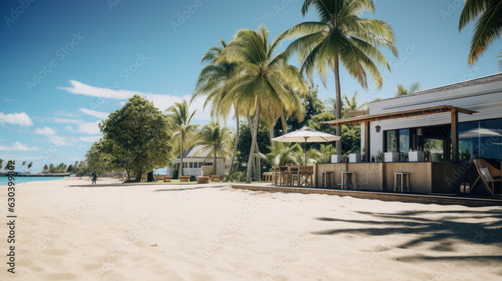 Sandy beach at noon with coconut trees and refreshments Sandy beach at noon with coconut trees and refreshments