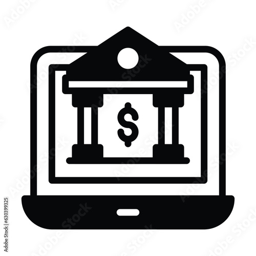 Bank building with laptop depicting bank website or online banking concept icon