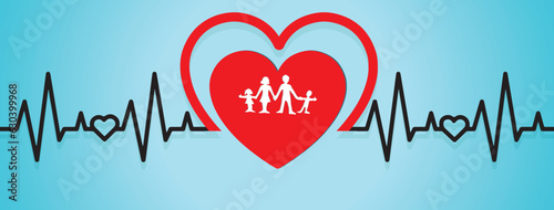 heart and heartbeat Family Healthcare Vector Heart with a family heart health care concept.