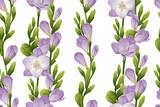 Seamless vertical pattern with purple freesia flowers and green buds. Wallpaper, fabric, wrapping paper, scrapbooking paper