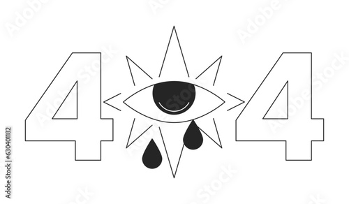 Esoteric magic eye crying tears black white error 404 flash message. Sacred geometry. Monochrome empty state ui design. Page not found popup cartoon image. Vector flat outline illustration concept