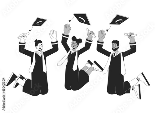 University graduation bw vector spot illustration. Graduates throw college caps 2D cartoon flat line monochromatic characters for web UI design. Masters students editable isolated outline hero image