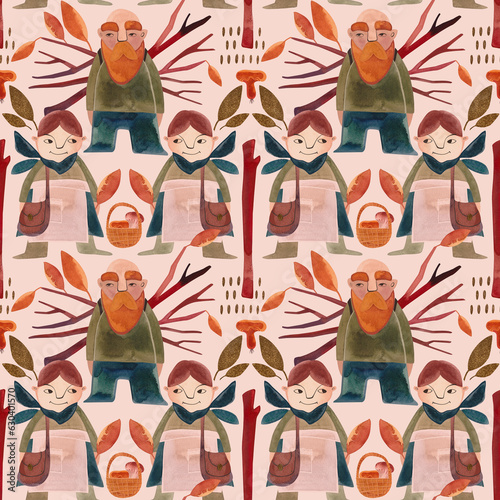 Watercolor seamless patern with autumn gnomes . Seasonal wrapping paper. Fall. Raster illustration for packaging, wallapers, wrapping paper, textile.