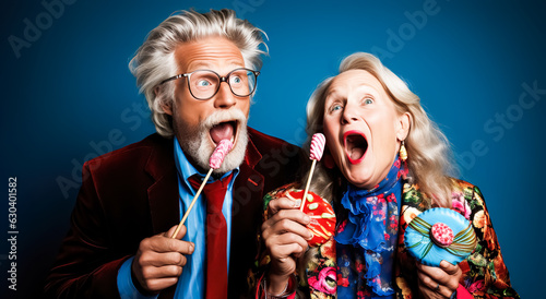 Senior older couple grandmother,grandfather in fashionable with candy lollipop.happy enjoy moment or crismistmas day concepts.generative ai technology photo