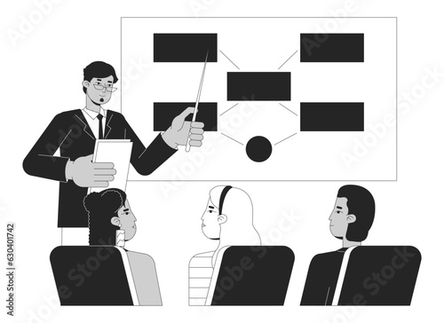 University professor lecture bw vector spot illustration. Lecturer teaching college students 2D cartoon flat line monochromatic characters for web UI design. Editable isolated outline hero image