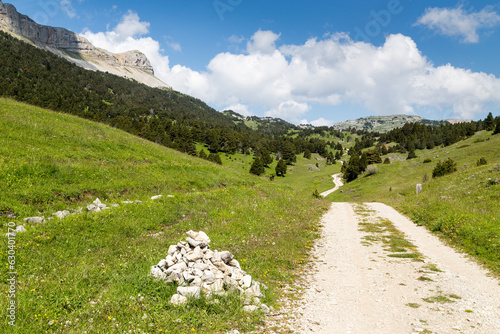 Promenade sur un sentier à l'entrée d'une vallée ouverte dans un paysage calcaire. Vallon du Combeau, Vercors, Diois photo