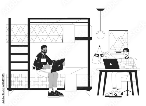 Dorm roommates studying together bw vector spot illustration. Dormitory boys 2D cartoon flat line monochromatic characters for web UI design. Doing homework editable isolated outline hero image