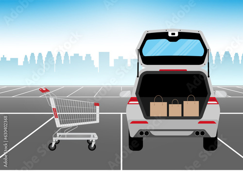 Shopping Bags in Car trunk at Parking Lot. Shopping in Supermarket or Convenience Store. Shopping Concept. Vector Illustration. 