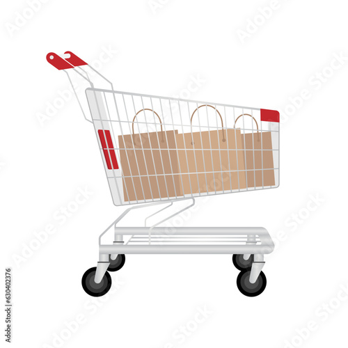 Shopping Cart or Shopping Trolley with Bags. Shopping Concept. Vector Illustration. 
