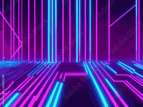 Fototapeta Naklejka Na Ścianę i Meble -  3d render, abstract minimal neon background, pink blue neon lines going up, glowing in ultraviolet spectrum. Cyber space. Laser show.