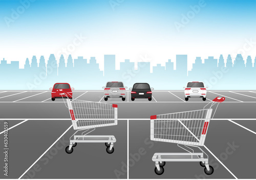 Shopping Cart or Shopping Trolley in  Parking Lot of Supermarket. Shopping Concept. Vector Illustration. 
