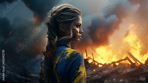 Beautiful strong and brave young Ukrainian military girl in uniform with yellow and blue elements  standing on the background of destruction with sadness in her eyes and hope for a peaceful future