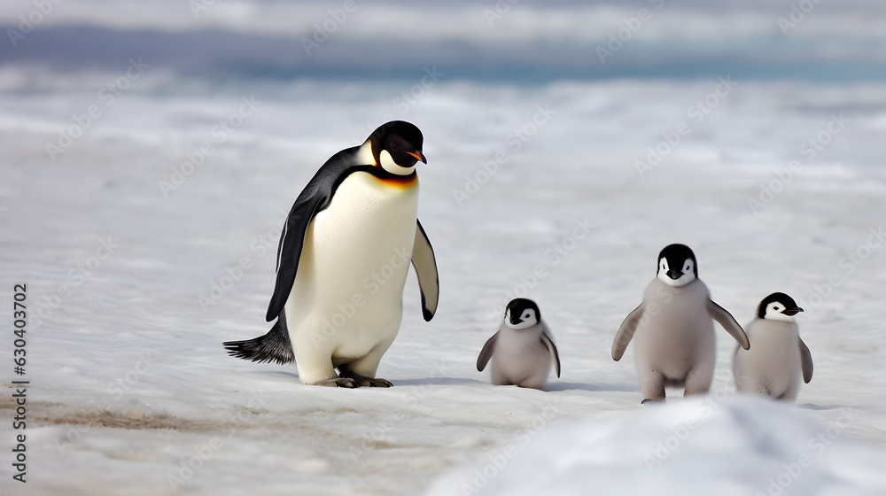 Obraz premium Dad or mom and baby penguins. Father love, bond and parenting concept.