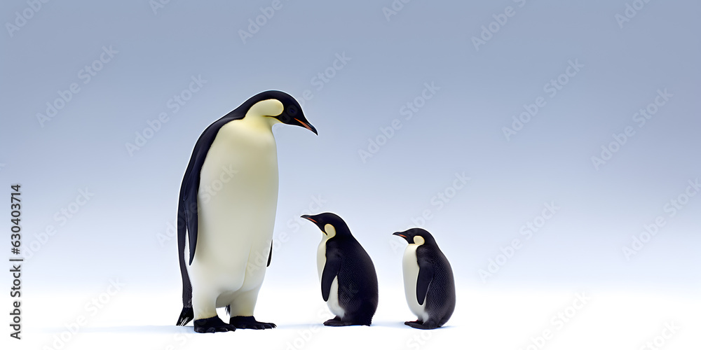 Obraz premium Dad or mom and baby penguins. Father love, bond and parenting concept.