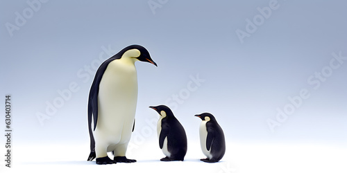 Dad or mom and baby penguins. Father love  bond and parenting concept.